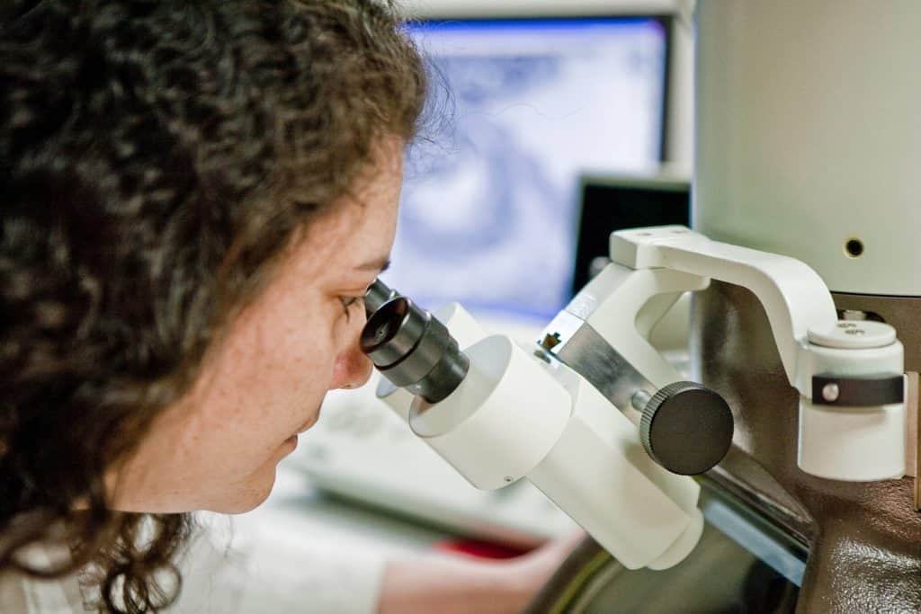 provider looking through microscope
