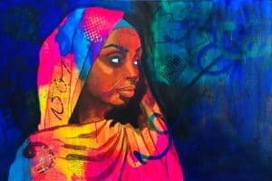 painting of woman with shawl, finding your voice, urban expressionist, artist, creating art that affirms, michelle jones